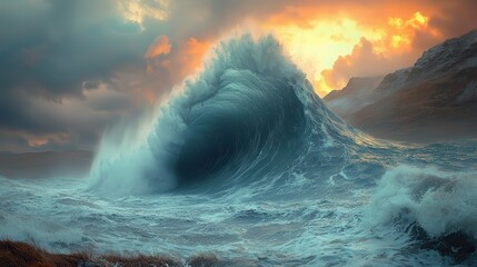 Majestic Ocean Wave Under Dramatic Sunset Skies