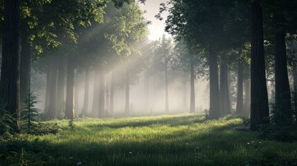 Obraz premium A fog-laden forest at dawn, with thin rays of light cutting through the mist