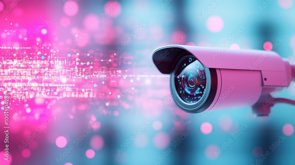 Poster a security camera pointed at a public space, with a graphic overlay illustrating the data being coll