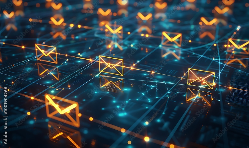 Aufkleber Conceptual Email Network with Glowing Lines Connecting Envelope Icons