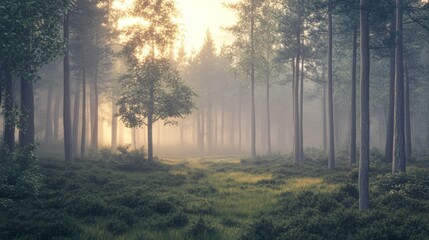 A misty forest at dawn, with light filtering through the trees and mist lingering in the air