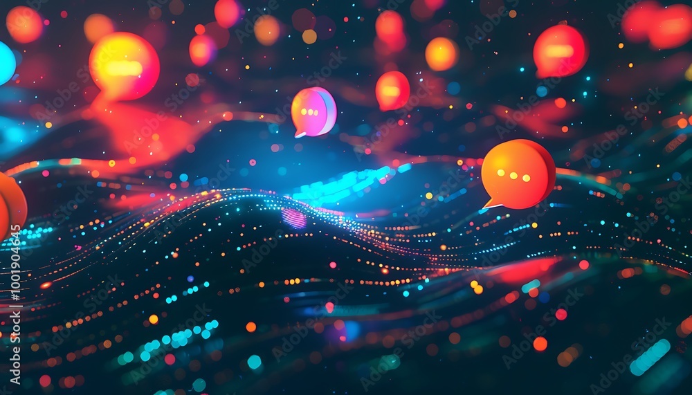 Poster messaging concept with glowing chat bubbles over dark digital surface
