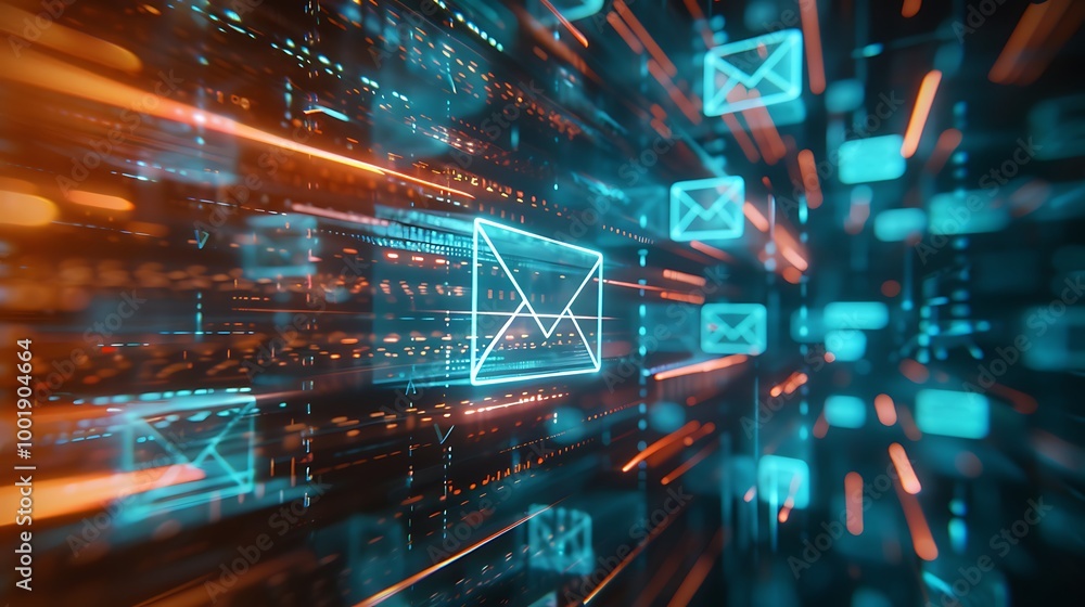 Poster High-Tech Email Concept with Translucent Message Icons and Data Flow
