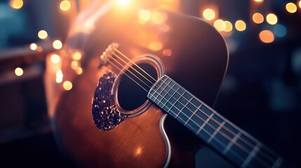 Naklejka premium Acoustic Guitar in Soft, Warm Lighting with Blurred Bokeh Lights