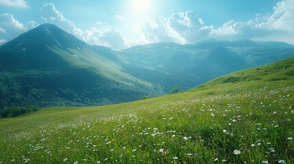 Fototapeta premium Serene Green Mountain Landscape with Cloudy Sky
