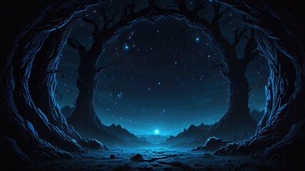 Nighttime Scene with Two Trees and Stars