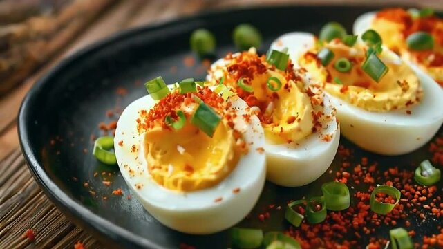 Close Up View of Delicious Hard Boiled Eggs with Green Onions and Seasoning on Black Plate