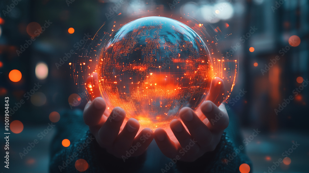 Poster hands holding glowing holographic digital globe with intricate network data connections and futurist
