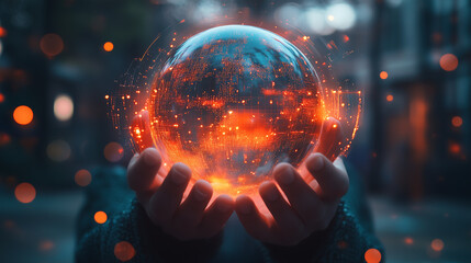 Hands holding glowing holographic digital globe with intricate network data connections and futuristic technology