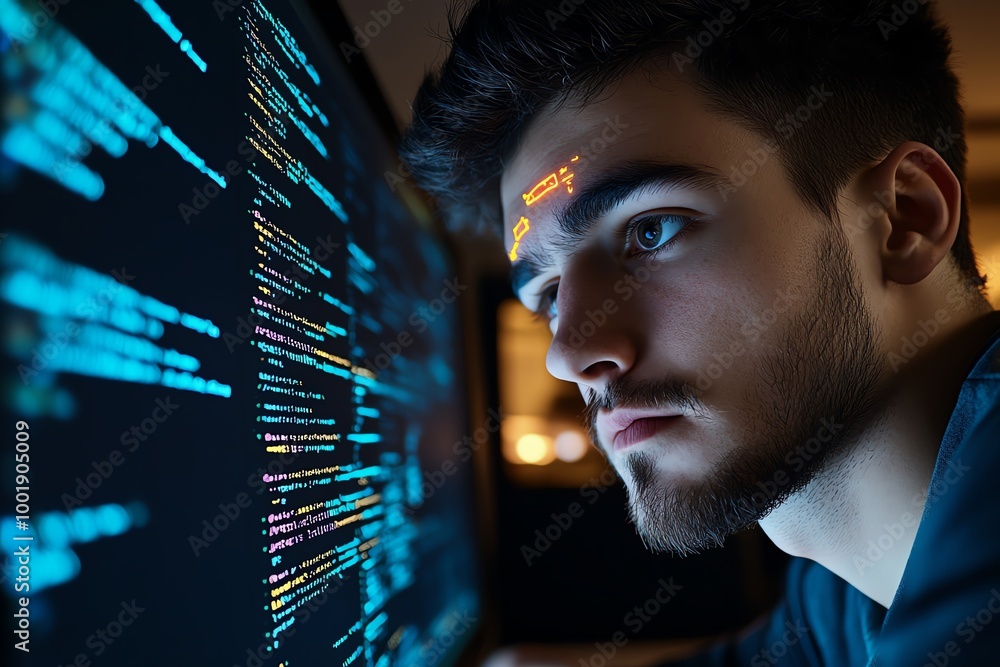 Aufkleber Programmer solving coding errors, staring intently at a screen with error messages and highlighted lines of code