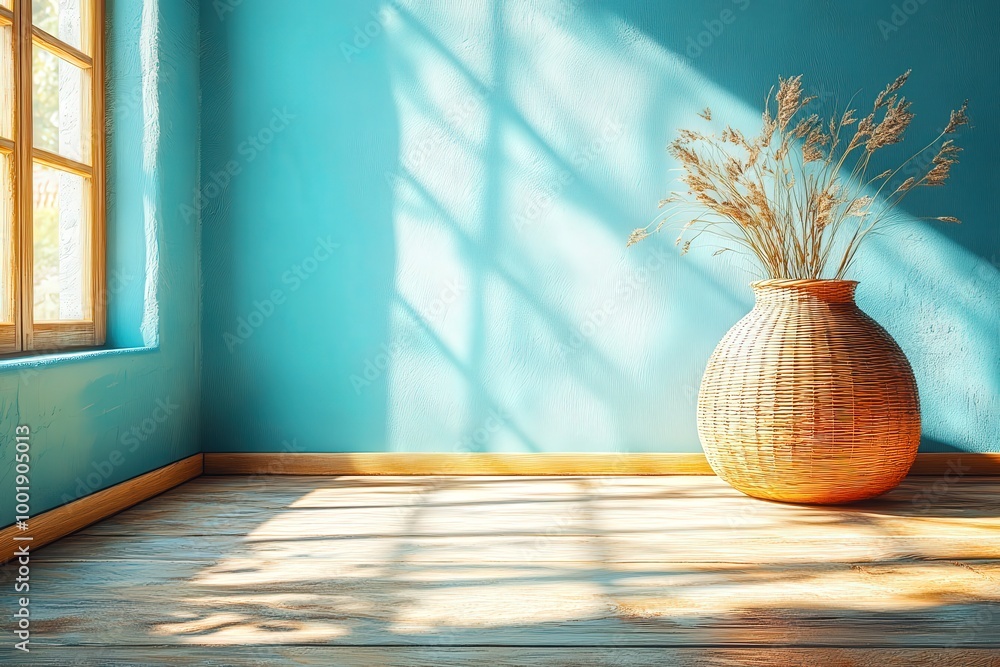 Poster sunlit serenity: a rustic vase filled with dried flowers sits bathed in sunlight in a tranquil corne
