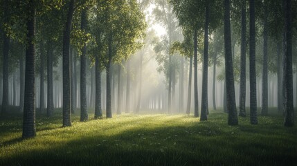 Obraz premium A peaceful morning in a foggy forest, with soft sunlight barely breaking through the thick canopy