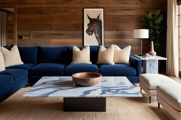 Modern Rustic Living Room Design Featuring Rectangular Marble Coffee Table and Navy Blue Sectional with Cream Textured Cushions