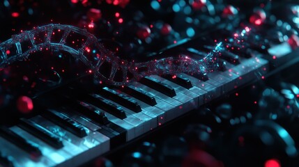 A Glowing DNA Helix Over a Piano Keyboard