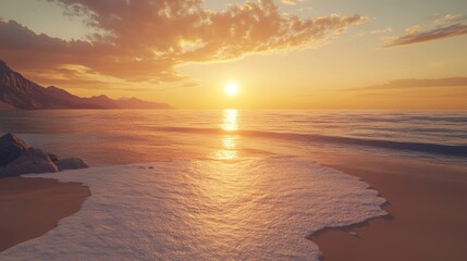 Fototapeta premium A quiet beach at golden hour, the sun sinking into the ocean