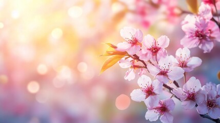Fototapeta premium Close-up of delicate pink cherry blossoms on a branch, bathed in warm, golden sunlight.