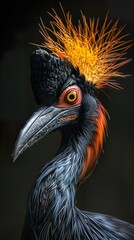Close-Up Portrait of a Black Bird with Striking Orange and Yellow Feathers