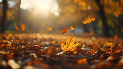Autumn landscape with leaves, sunslight and morning dew, horizontal banner	