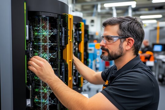 Quantum computing algorithm development, with scientists programming quantum gates and analyzing qubit states on advanced systems
