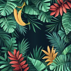 Lush tropical leaves create a vibrant frame around a dark background, perfect for adding a touch of nature to your designs.
