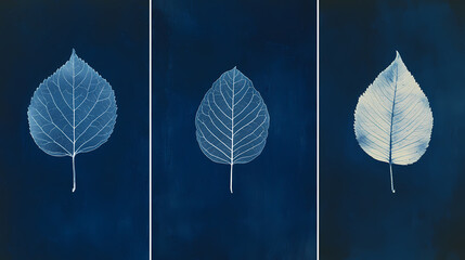 Minimalist cyanotype leaf prints on blue background, perfect for branding, packaging, and home decor , cyanotype, leaf. Cyanotype. Illustration