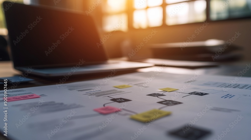Poster a flowchart illustrates the connection between paper documents and digital files on a sleek office d