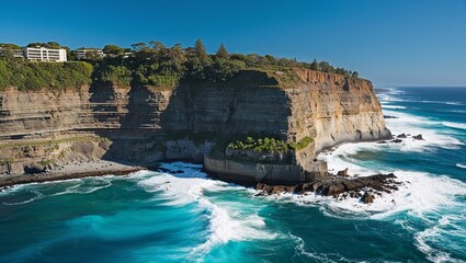 High-resolution landscape photograph showcasing a dramatic coastal cliffside. The image features a rugged, steep cliff with layers of exposed rock and lush green vegetation on top.