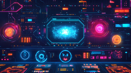 Obraz premium Poster for print and web featuring a futuristic hud with retro games. Futuristic Typography. Illustration