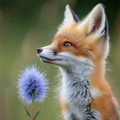 Obraz premium Close-up of a small red fox with a white belly and fluffy blue knapweed with a thin brown stem, natural outdoor setting