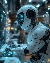 Fototapeta premium Futuristic Robot Working at High-Tech Computer Station