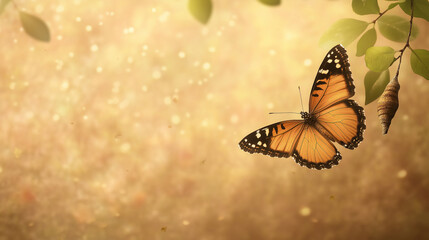 Butterfly perched on Chrysalis in the garden. Representing transformation and new beginnings.