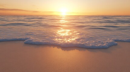 Golden beach at dusk, crystal-clear ocean water