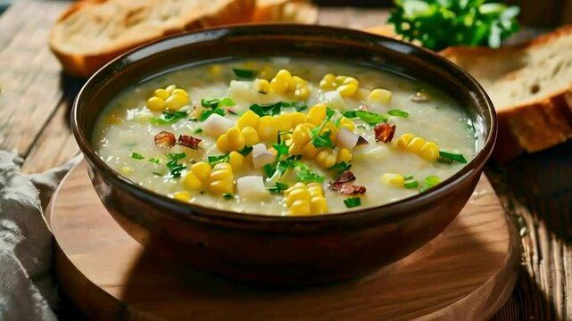 Creamy Corn Chowder Soup, served on black bowl