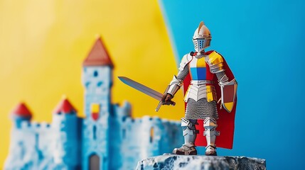 A toy knight with a castle on a blue and yellow background
