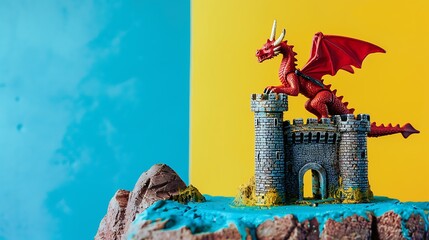 A toy knights castle with a dragon on a blue and yellow background