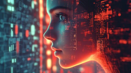 A Woman's Face Overlaid With Digital Code and Glowing Lights
