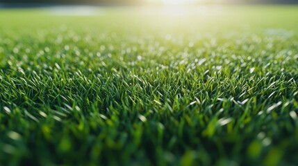 Fototapeta premium Macro shot of lush football field grass, subtle sunlight