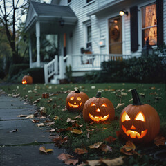 Obraz premium Charming Blue House with a Pumpkin on the Front Porch