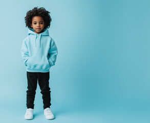 Little boy wearing  a blue hoodie and black jeans. A full body shot. Mockup for kids design. Blue background.