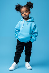 Little girl wearing  a blue hoodie and black jeans. A full body shot. Mockup for kids design. Blue background.
