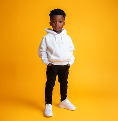 Little boy wearing  a blue hoodie and black jeans. A full body shot. Mockup for kids design. Yellow background.