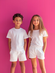 Young girl and boy wearing  a white sport suit. A full body shot. Mockup for kids design. White space, pink  bright background.