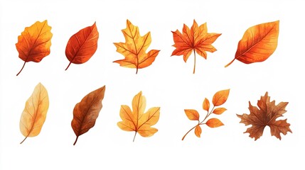 Fototapeta premium A vibrant illustration capturing the essence of autumn, featuring a collection of colorful leaves in shades of red, orange, and yellow gracefully scattered on a clean white background. 