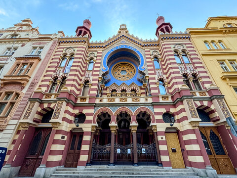 Prague, Czech Republic - July 16, 2024: The Jubilee Synagogue, also known as the Jerusalem Synagogue is an Orthodox Jewish synagogue, located on Jerusalem Street in Prague
