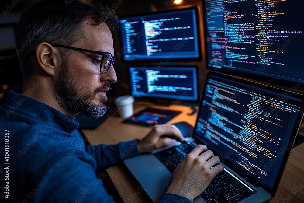 Leinwandbilder Software development process showing a programmer testing code on a laptop while multiple screens display lines of code