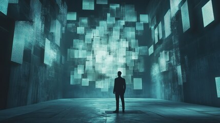 A Man Standing in a Room Surrounded by Glowing Blue Grids
