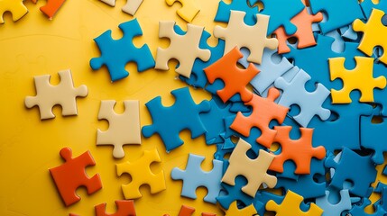 Naklejka premium A toy puzzle with colorful pieces on a blue and yellow background