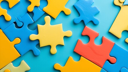Obraz premium A toy puzzle with colorful pieces on a blue and yellow background