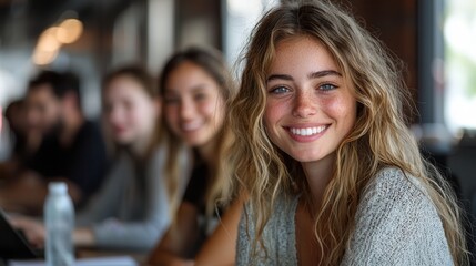 Obraz premium Young Woman Smiling with Friends in Modern Cafe Setting