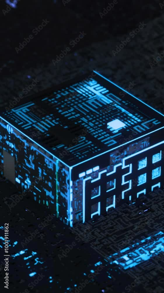 Poster neon futuristic cube. animation. high-tech background with neon cube rising from hole on surface lau